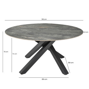 Table de repas ronde 150 cm céramique gris marbré cuivré finition laquée pieds croisés métal noir - RUBY