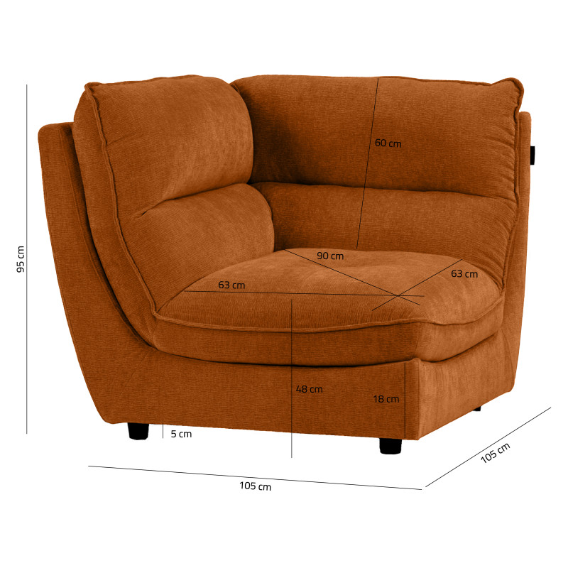 Angle pour Canapé Composable et Modulable en Tissu Doux Orange Capitonné avec Passepoil - CHARLES