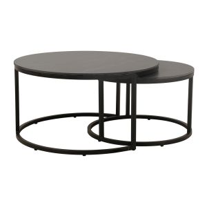 2 Tables basses Gigognes rondes en céramique gris anthracite et pied métal noir - OXY