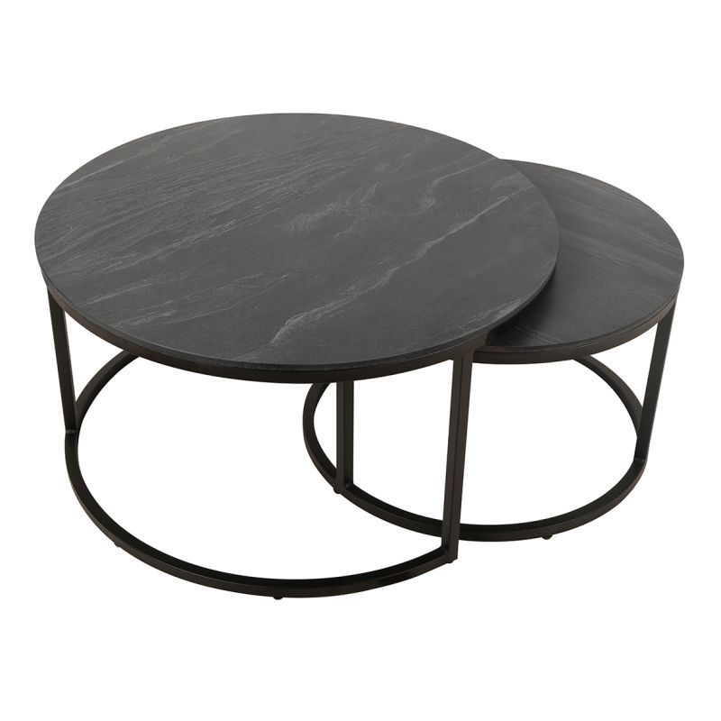 2 Tables basses Gigognes rondes en céramique gris anthracite et pied métal noir - OXY