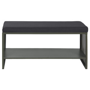 Banc Entrée L. 102 cm en Métal Ajouré Vert Foncé avec Étagère Chaussures et Assise Tissu - LONE 6986