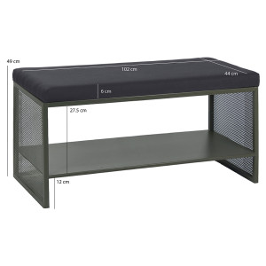 Banc Entrée L. 102 cm en Métal Ajouré Vert Foncé avec Étagère Chaussures et Assise Tissu - LONE 6986