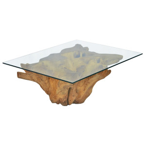 Table Basse Rectangulaire 100 x 80 cm en Racine de Teck avec Plateau en Verre Trempé - WURZEL 02