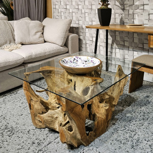 Table Basse Rectangulaire 100 x 80 cm en Racine de Teck avec Plateau en Verre Trempé - WURZEL 02