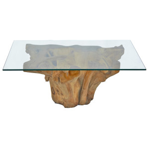 Table Basse Rectangulaire 100 x 80 cm en Racine de Teck avec Plateau en Verre Trempé - WURZEL 02