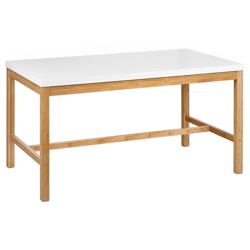 Table de Repas Rectangulaire 140 cm avec Plateau Blanc Mat et Pieds en Bois de Bambou - ZEZOLLA 0461