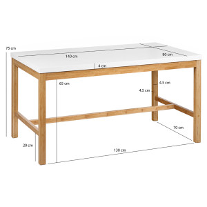 Table de Repas Rectangulaire 140 cm avec Plateau Blanc Mat et Pieds en Bois de Bambou - ZEZOLLA 0461