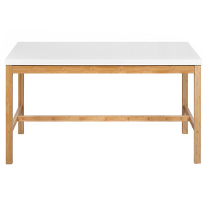 Table de Repas Rectangulaire 140 cm avec Plateau Blanc Mat et Pieds en Bois de Bambou - ZEZOLLA 0461