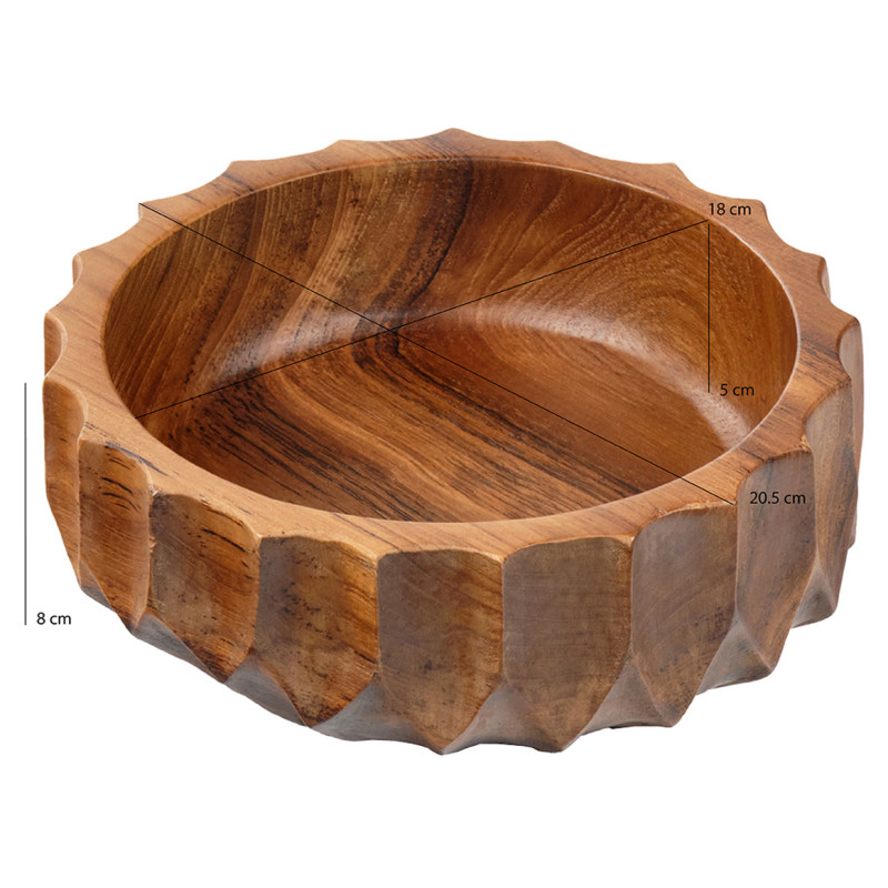 Bol Rond Vide Poche D. 21 cm en Bois de Teck avec Bords Côtelés - SHARLA