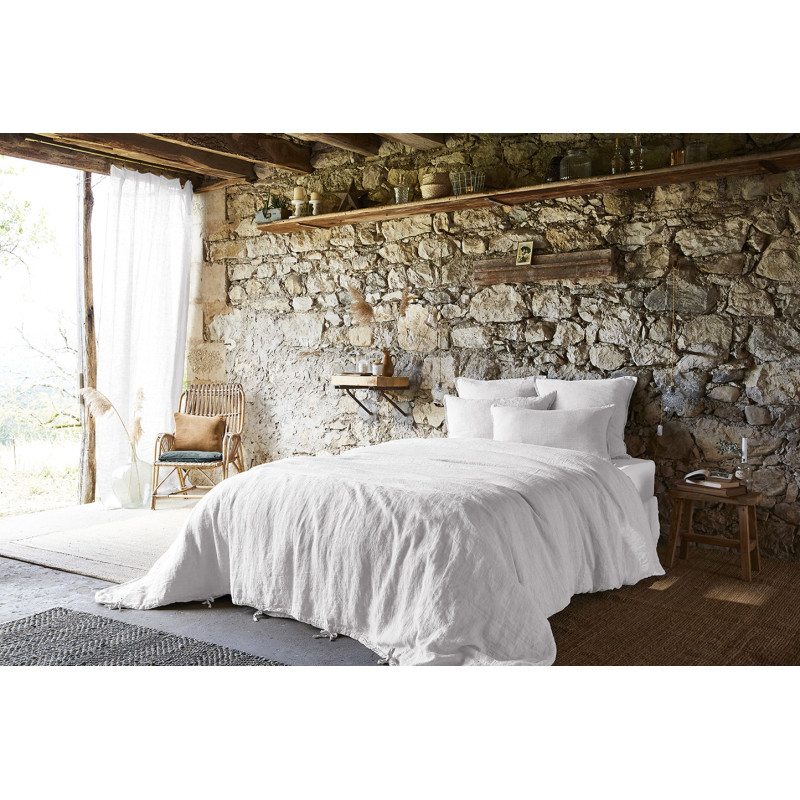 Drap Housse 160 x 200 cm en Lin Lavé Blanc avec Hauteur de Bonnet 30 cm - Linge de Lit - LUISA