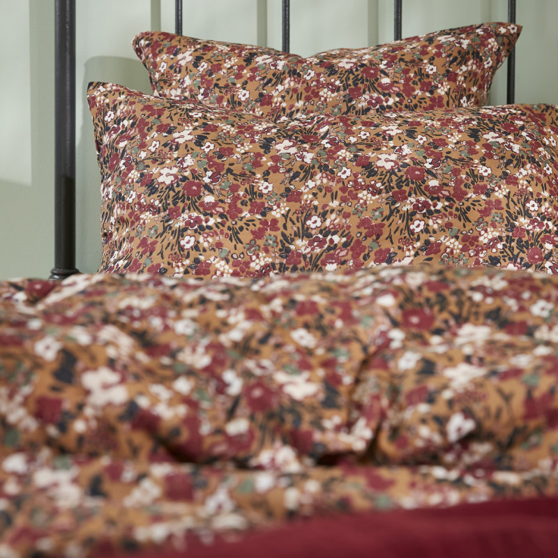 Lot 2 taies 60 x 60 cm en gaze de coton camel et fleuri - ISABELA 1