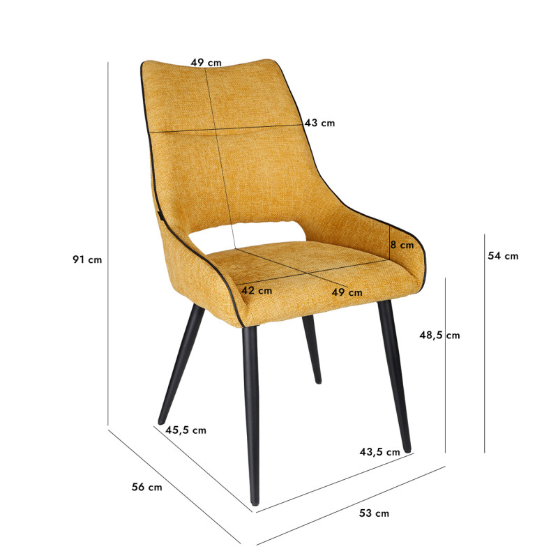 Lot de 2 chaises en tissu jaune design avec passepoil en smili noir et 4 pieds en métal noir - ANAIS 2
