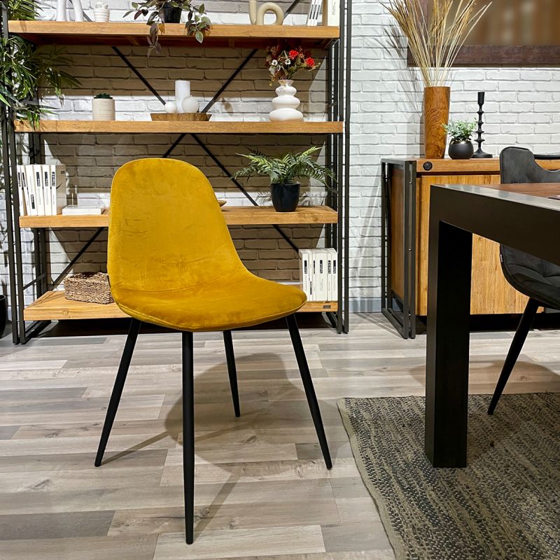 Lot de 2 chaises de repas en tissu velours jaune moutarde avec pieds métal noir – BIBA 2