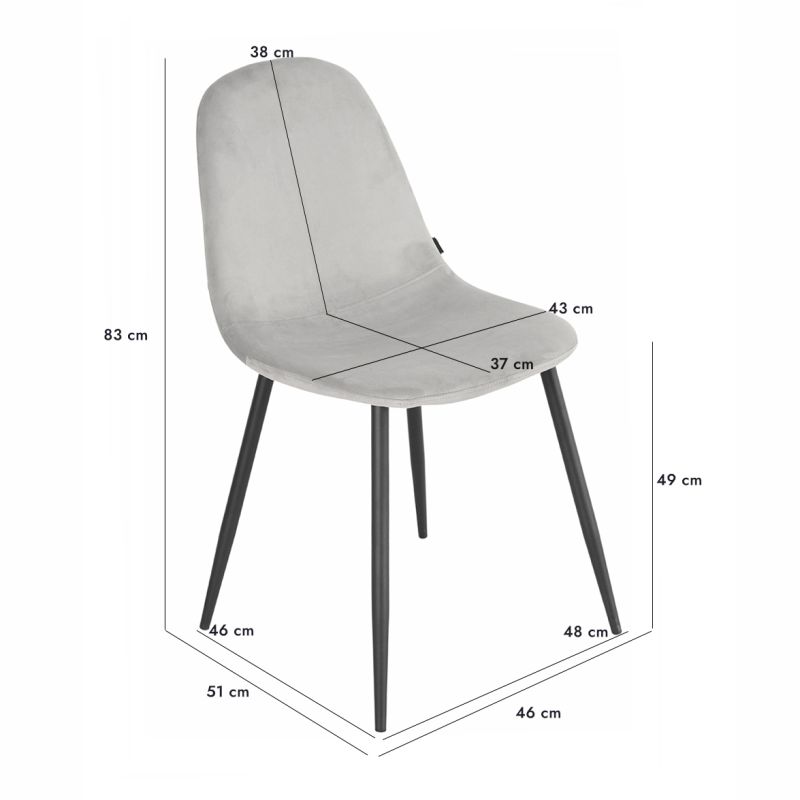 Lot de 4 chaises de repas en tissu velours gris clair avec pieds métal noir – BIBA 2
