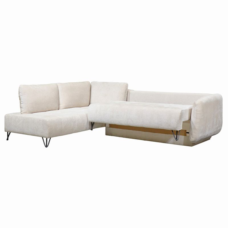 Canapé 3 Places Convertible Angle Gauche 265 cm Tissu Côtelé Écru Pieds Métal Noir - SAMUEL