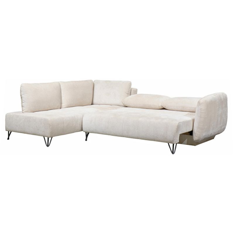 Canapé 3 Places Convertible Angle Gauche 265 cm Tissu Côtelé Écru Pieds Métal Noir - SAMUEL