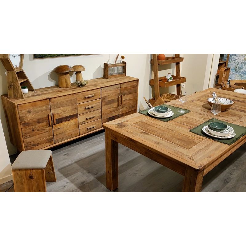 Buffet 200 cm en pin massif recyclé 4 tiroirs 4 portes - CHALET
