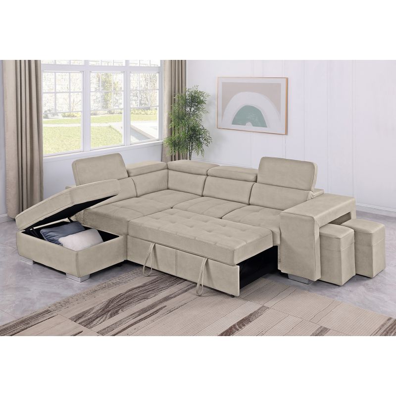 Canapé d'angle gauche convertible en tissu beige avec 2 poufs - VEGAS