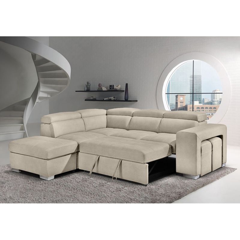 Canapé d'angle gauche convertible en tissu beige avec 2 poufs - VEGAS