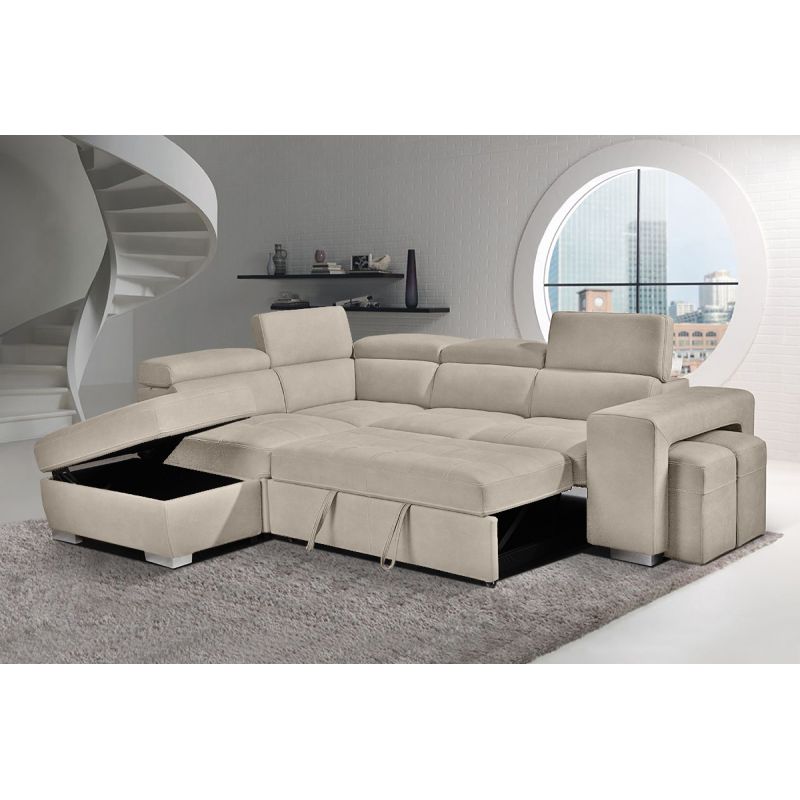 Canapé d'angle gauche convertible en tissu beige avec 2 poufs - VEGAS