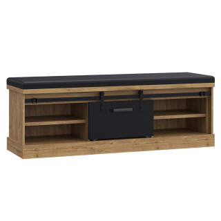 Banc bout de lit 145 cm 4 niches 1 porte décor bois et noir coussin simili - FARM