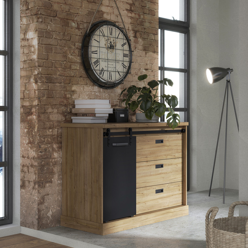 Commode H. 88 cm 3 tiroirs 1 porte coulissante soft close en décor bois de chêne et noir - FARM
