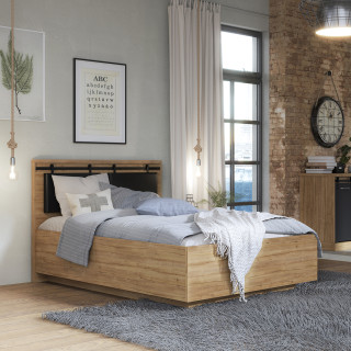 Lit 140 x 190 cm avec tête de lit coussin simili noir en décor bois de chêne et noir - FARM