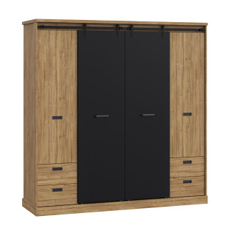 Armoire dressing L. 203 cm 2 portes coulissantes 2 battantes 1 penderie et rangements décor bois chêne et noir - FARM