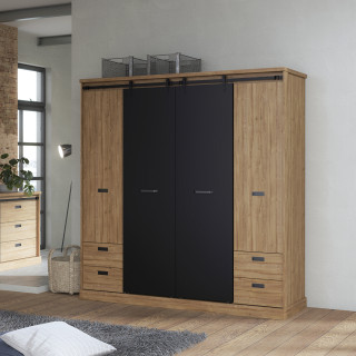 Armoire dressing L. 203 cm 2 portes coulissantes 2 battantes 1 penderie et rangements décor bois chêne et noir - FARM
