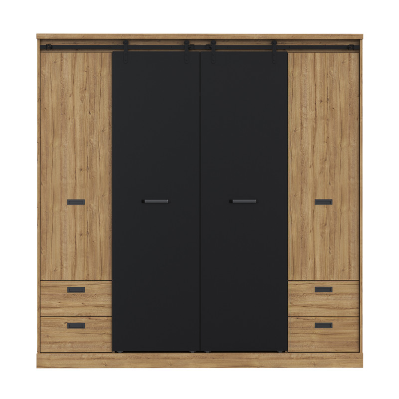 Armoire dressing L. 203 cm 2 portes coulissantes 2 battantes 1 penderie et rangements décor bois chêne et noir - FARM