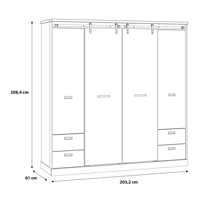 Armoire dressing L. 203 cm 2 portes coulissantes 2 battantes 1 penderie et rangements décor bois chêne et noir - FARM