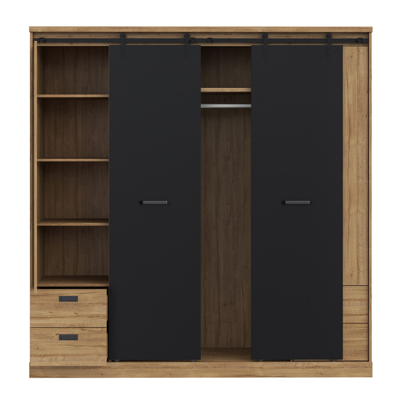 Armoire dressing L. 203 cm 2 portes coulissantes 2 battantes 1 penderie et rangements décor bois chêne et noir - FARM