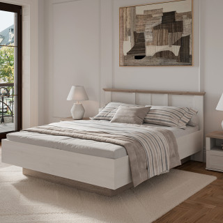 Lit coffre 160 x 200 cm avec tête de lit et sommier décor bois de chêne blanchi et bois clair - ANGELE