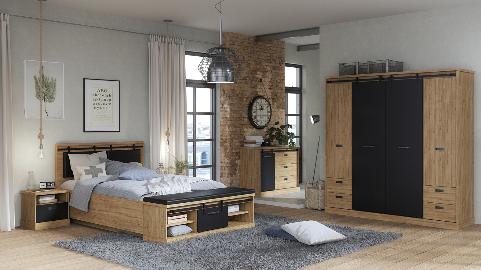  Une chambre à coucher aux murs clairs et lumineux dans laquelle se trouvent les meubles de la collection FARM, avec leur décor en bois de chêne clair et noir. 